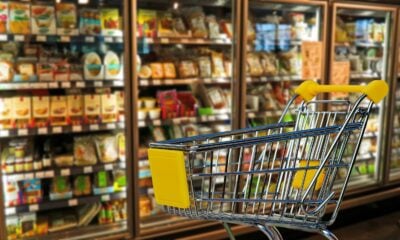 Количка пред хладилните витрини в магазин