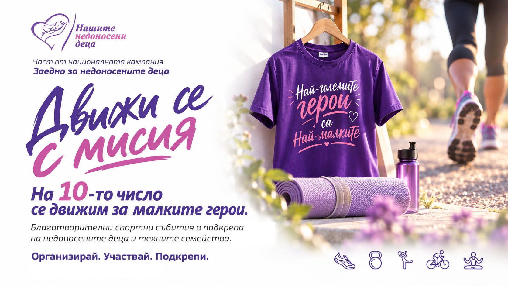 Визуал на инициативата „Движи се с мисия“ на Фондация „Нашите недоносени деца“