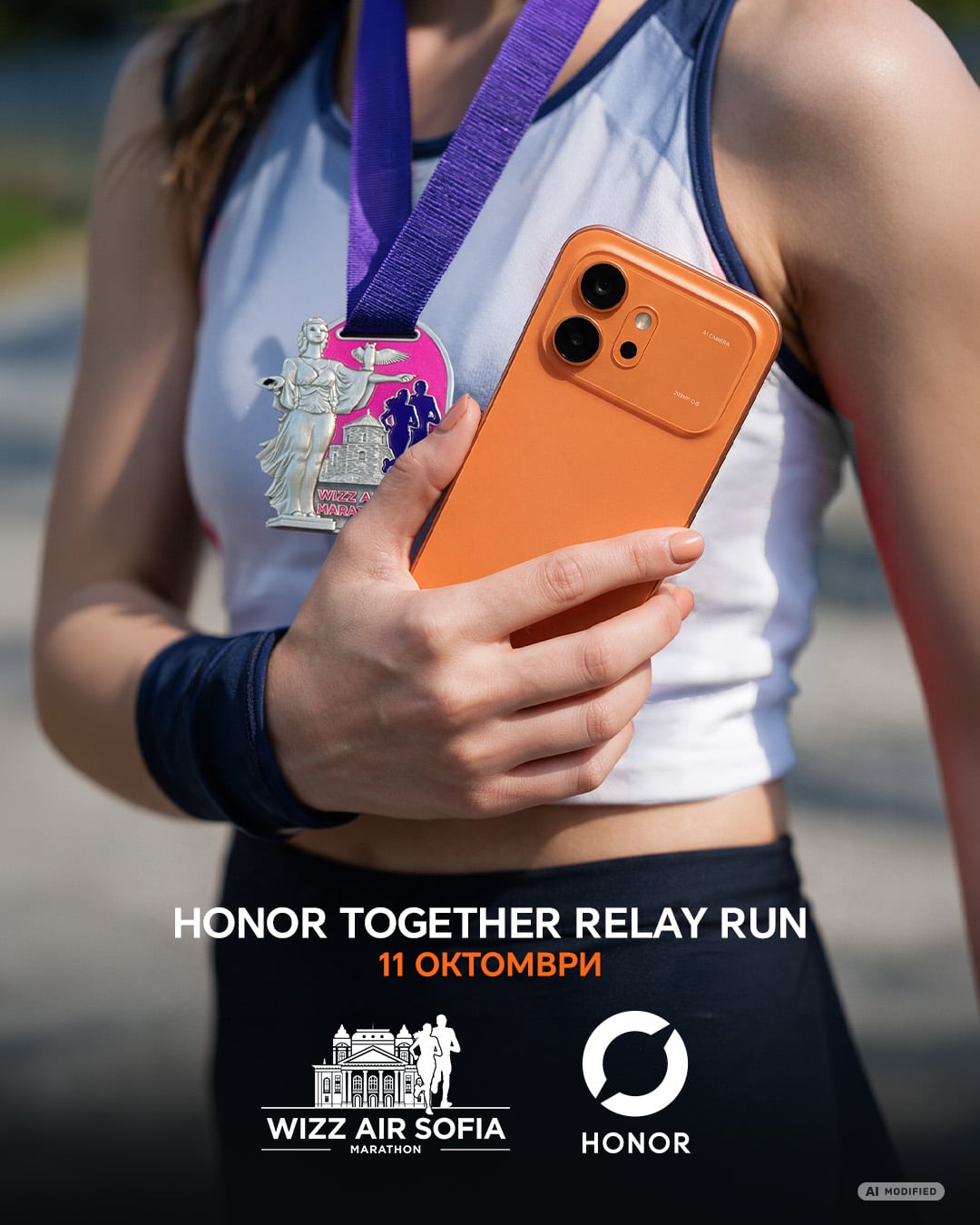 HONOR 600 в оранжев цвят в ръцете на бегач